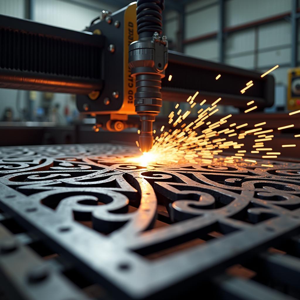 Ứng dụng máy cắt Plasma CNC trong gia công cửa sắt, mô tả quy trình cắt chi tiết trên vật liệu kim loại.